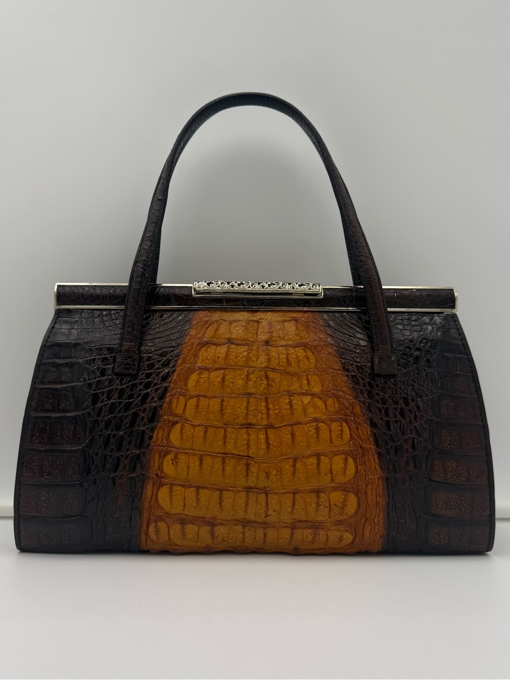 🐊JAPAN • Brown Exotic CROCODILE Frame 30 Top Handle Bag w/ Ornate Silver Trim - Picture 3 of 16